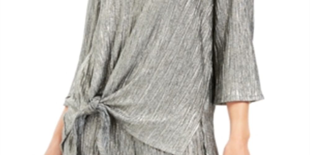 JM Collection Women's Metallic Crinkle Tie-Hem Top  Silver Size XS