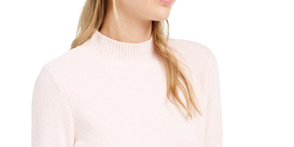 Maison Jules Women's Metallic Ribbed Trim Mock Turtleneck Sweater Pink Size X-Small