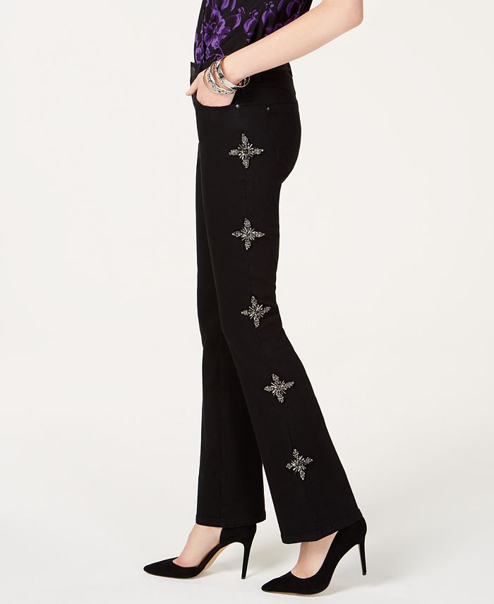 INC International Concepts Women's Rhinestone-Embellished Bootcut Jeans Black Size 6
