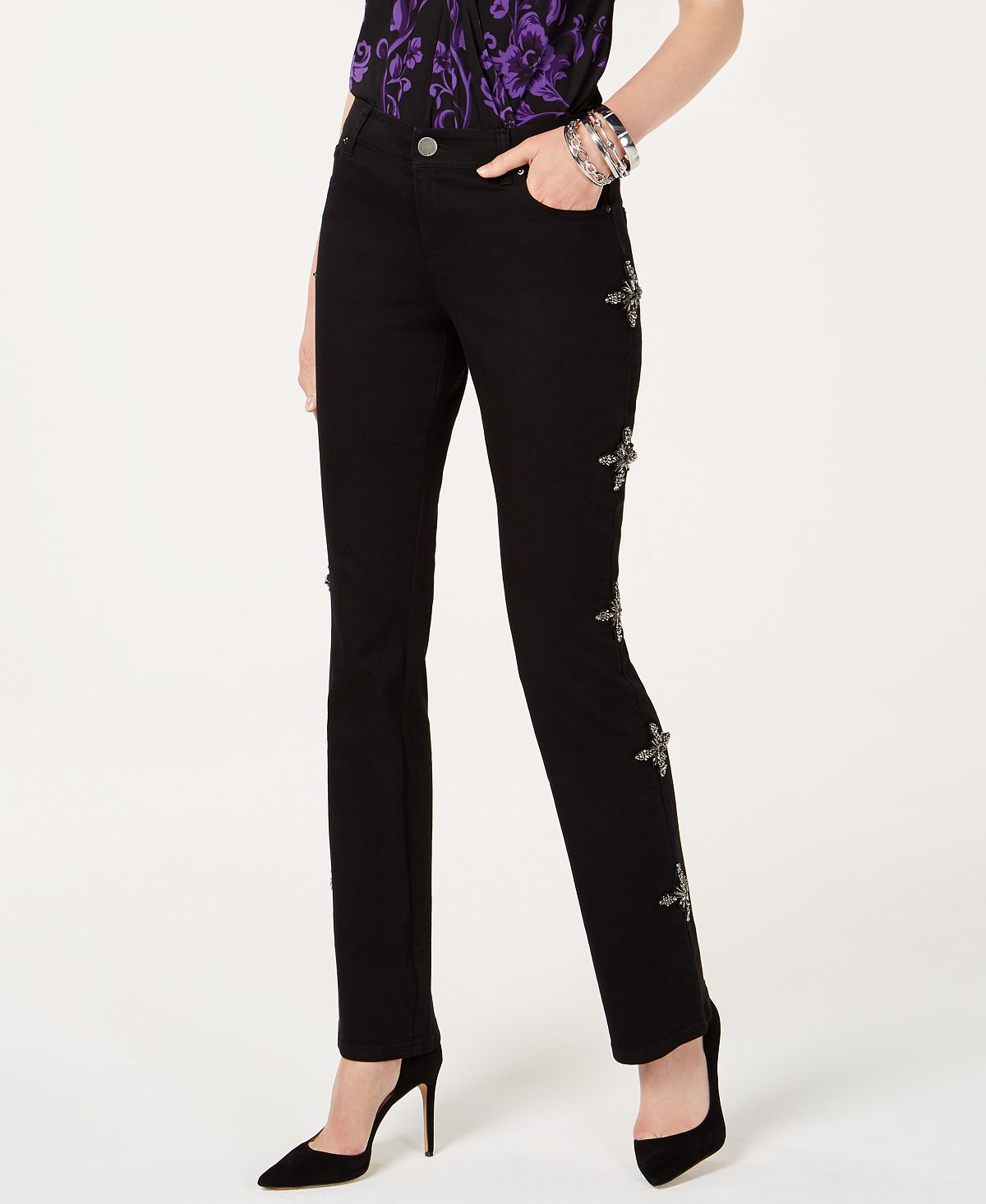 INC International Concepts Women's Rhinestone-Embellished Bootcut Jeans Black Size 6