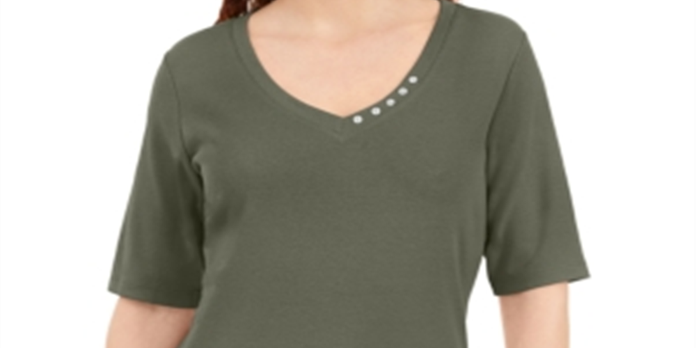 Karen Scott Women's V Neck T-Shirt Top Green Size Small