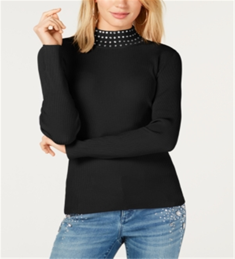 INC International Concepts Women's  Embellished Ribbed-Knit Turtleneck Black Size Small