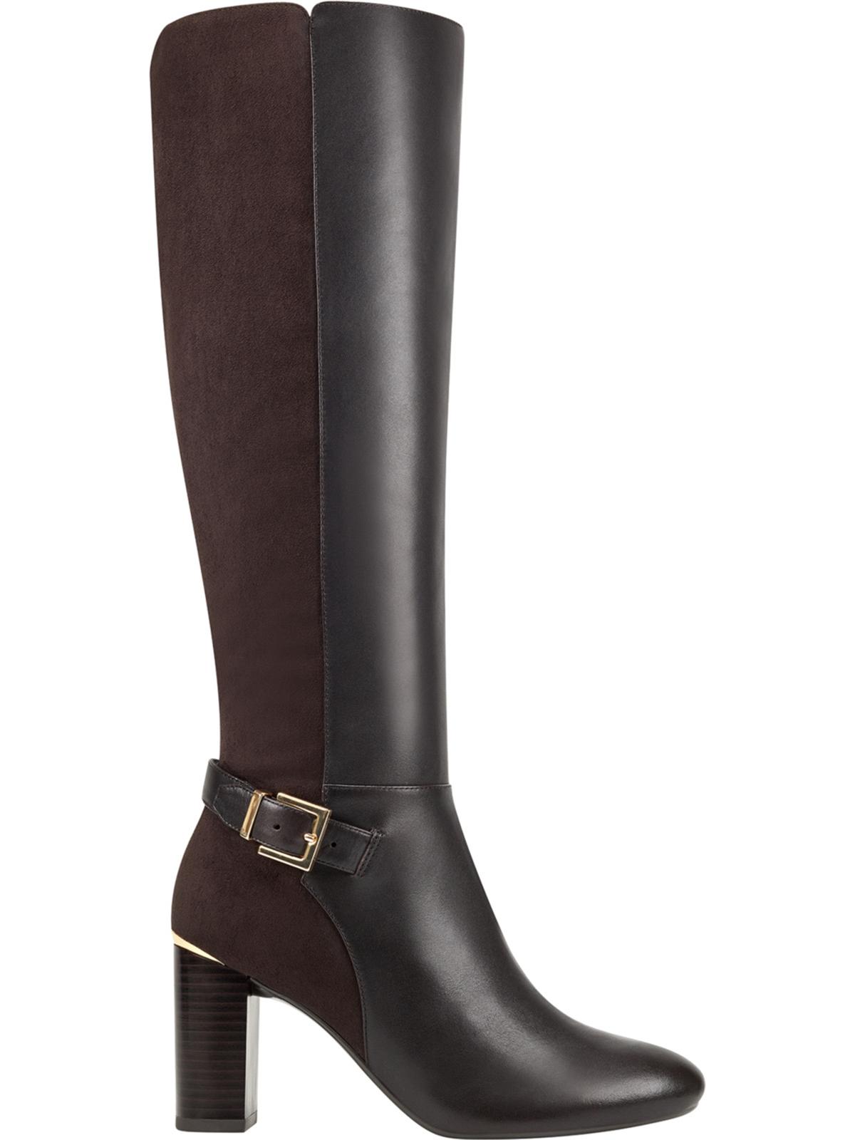 Bandolino Women's Buckle Accent Cushioned Bilya Almond Toe Block Heel Zip up Leather Heeled Boots Dark Brown Size 8 M