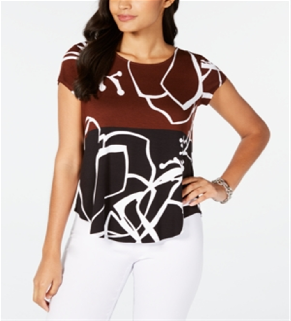 Alfani Women's Zany Abstract Wave Print Top Brown Size Petite Small