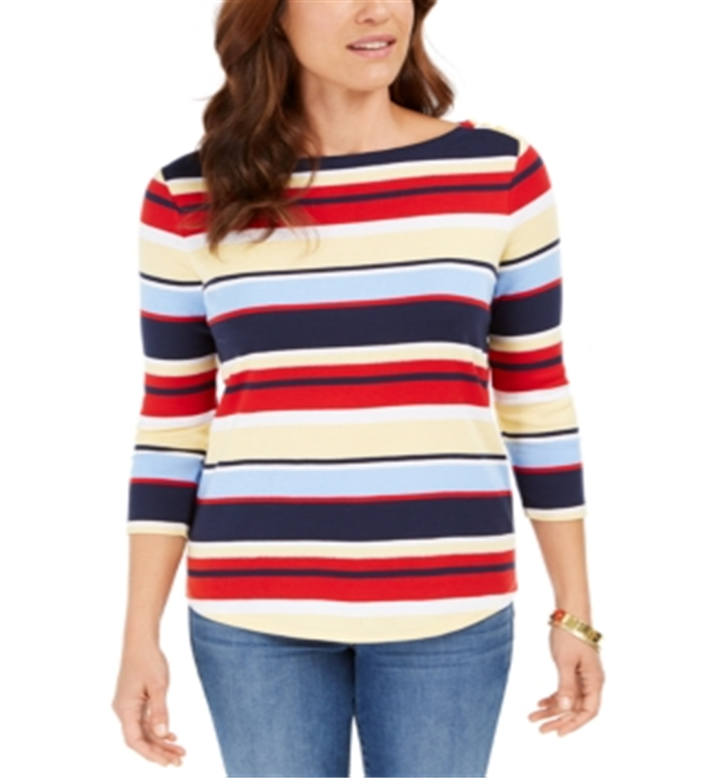 Charter Club Women's  Pima Cotton Button-Shoulder Stripe Top  Yellow Size XL