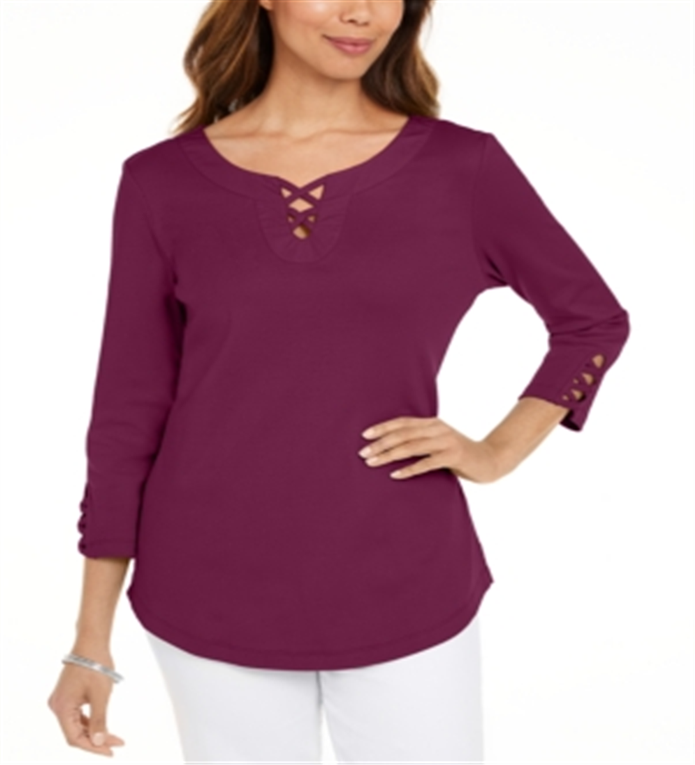 Karen Scott Women's Cotton Lace up T-Shirt Red Size Large