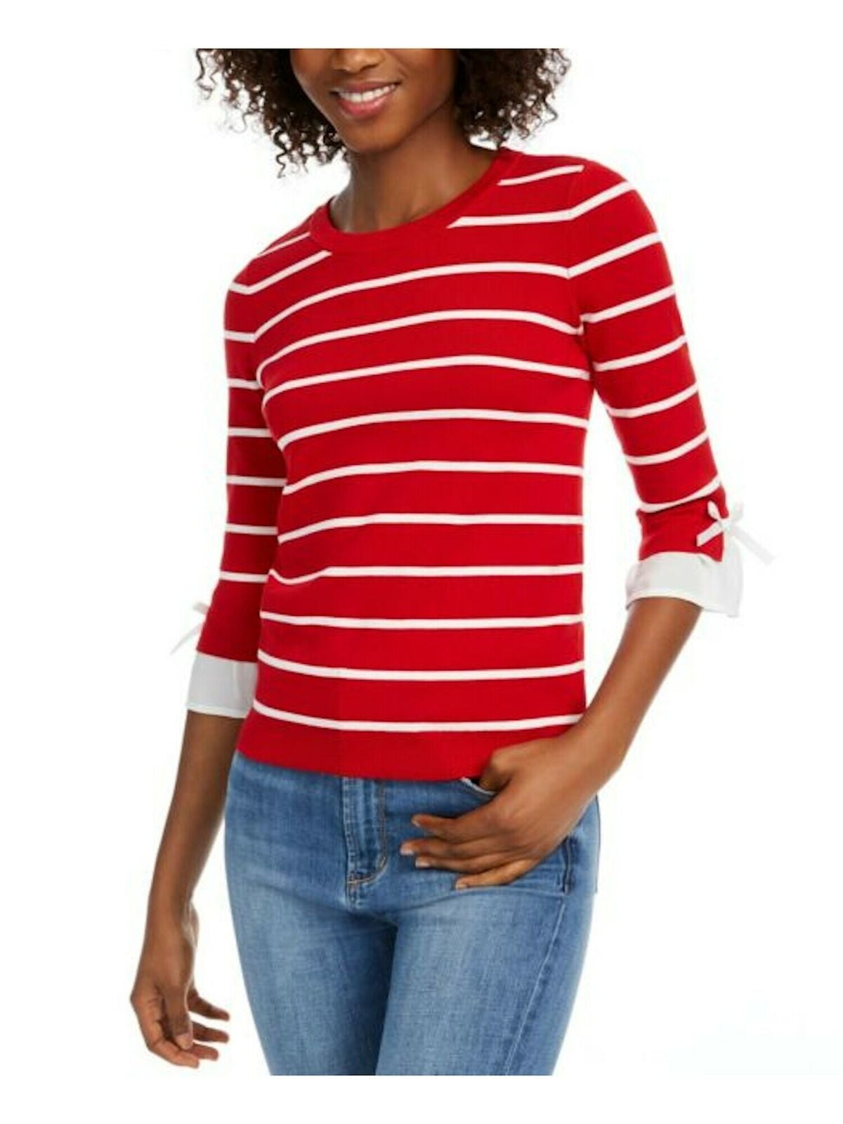 Maison Jules Women's Striped 3/4 Sleeve Jewel Neck Sweater Red Size Large