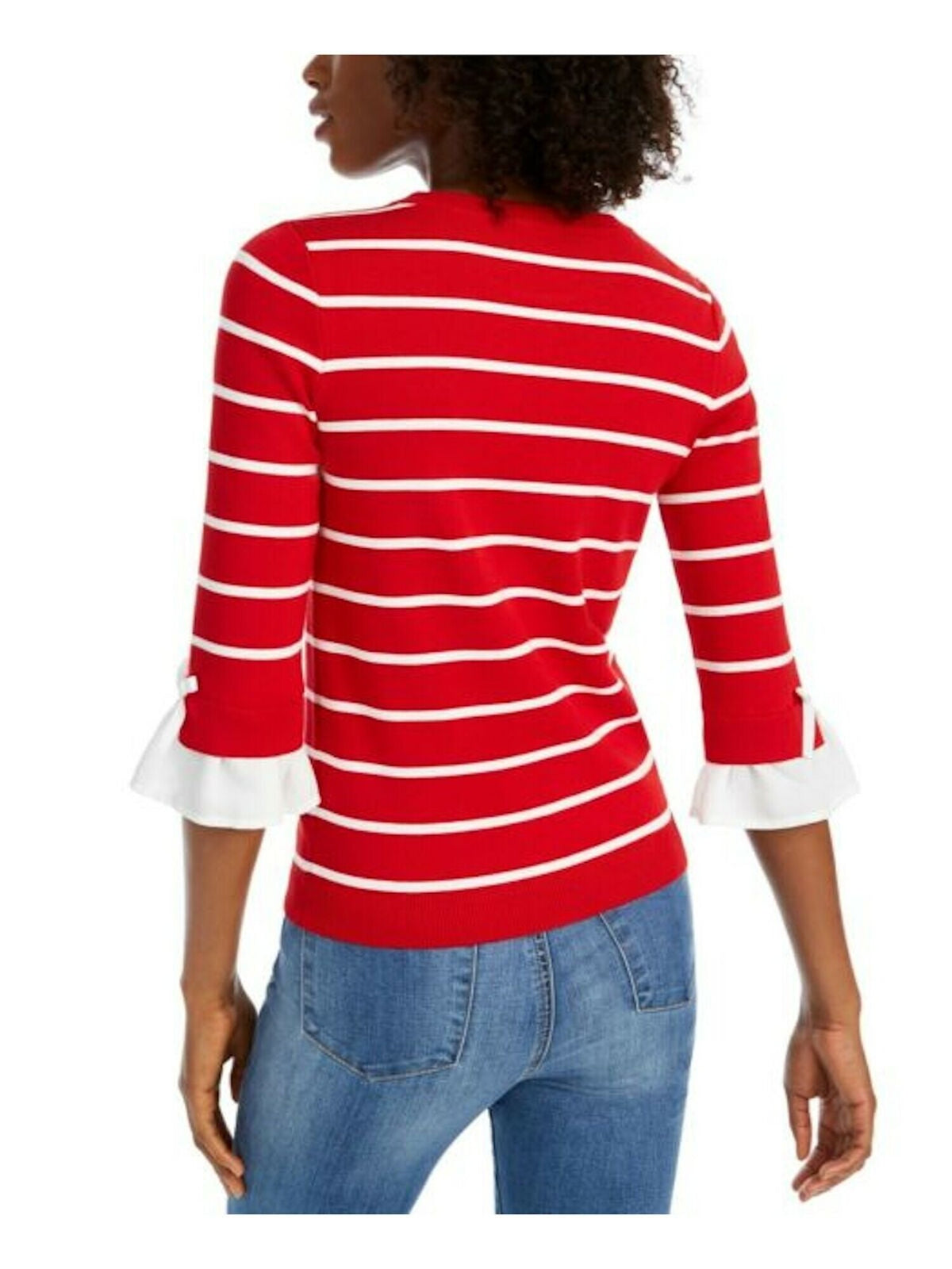 Maison Jules Women's Striped 3/4 Sleeve Jewel Neck Sweater Red Size Large