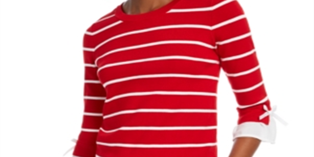 Maison Jules Women's Striped 3/4 Sleeve Jewel Neck Sweater Red Size Large