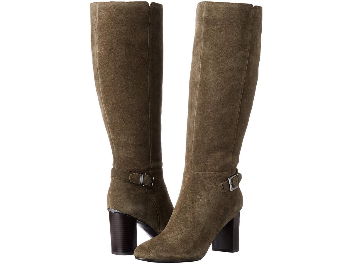 Bandolino Women's Metal Heel Accent Buckle Accent Cushioned Bilya Almond Toe Block Heel Zip up Leather Heeled Boots Green Size 9.5 M