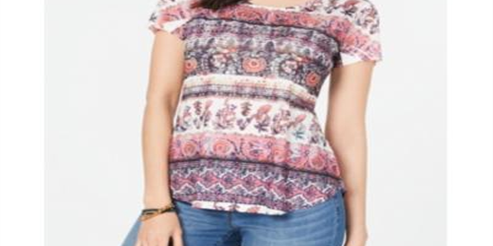 Style & Co Women's Printed Short Sleeve T-Shirt Top Pink Size Small