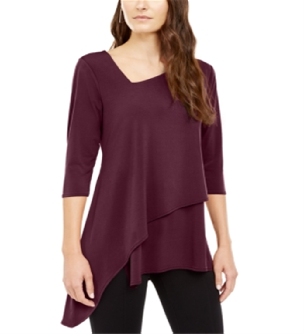 Alfani Women's Asymmetrical hem 3/4 Sleeve V Neck Top Red Size Small