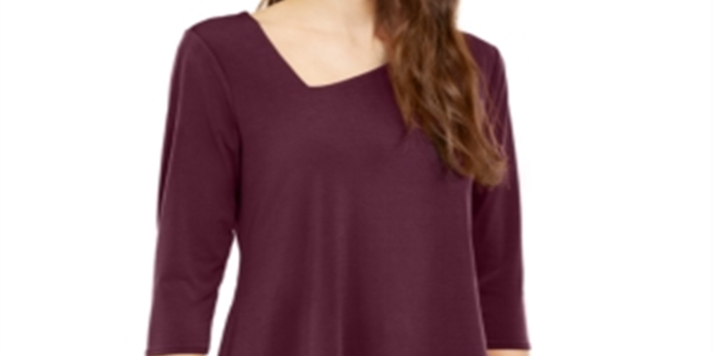 Alfani Women's Asymmetrical hem 3/4 Sleeve V Neck Top Red Size Small