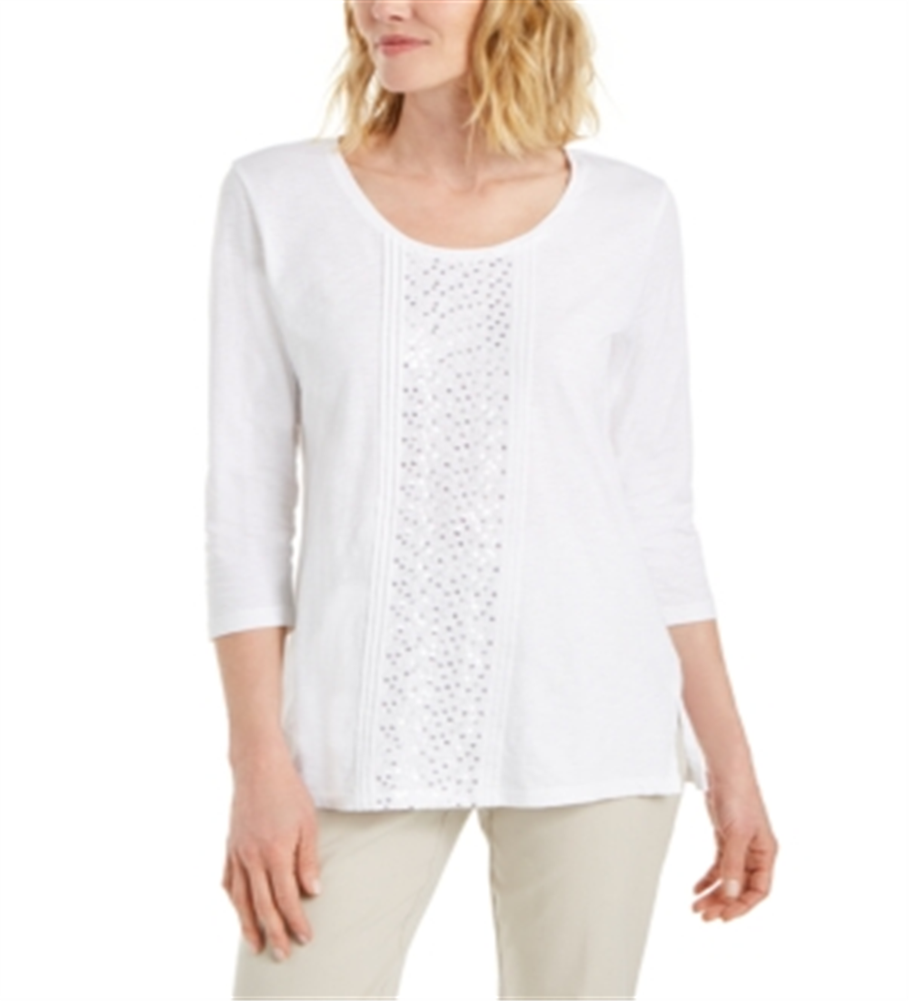 JM Collection Women's Latte Plus Sequined Scoop Neck Top Brown Size XX-Large
