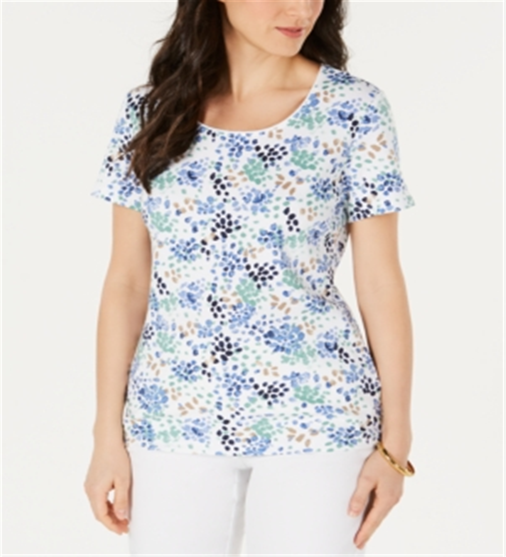 Karen Scott Women's Jewel Neck Dotted T-Shirt Blue Size Medium