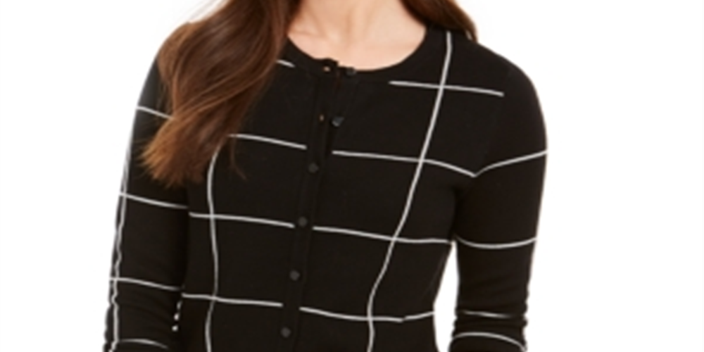 Charter Club Women's Windowpane Button Cardigan Black Size XX-Large