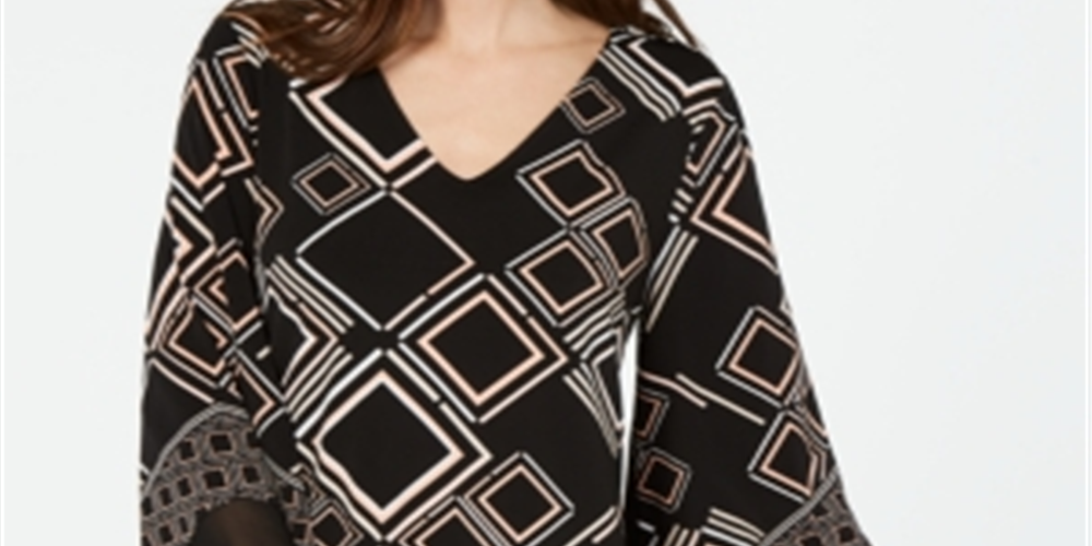 Alfani Women's Mixed Print V Hem Top Diamond Print Black Size Petite
