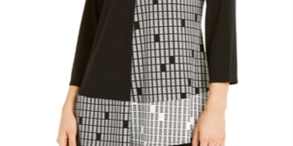 Alfani Women's Patterned 3/4 Sleeve V Neck Top Black Size Large