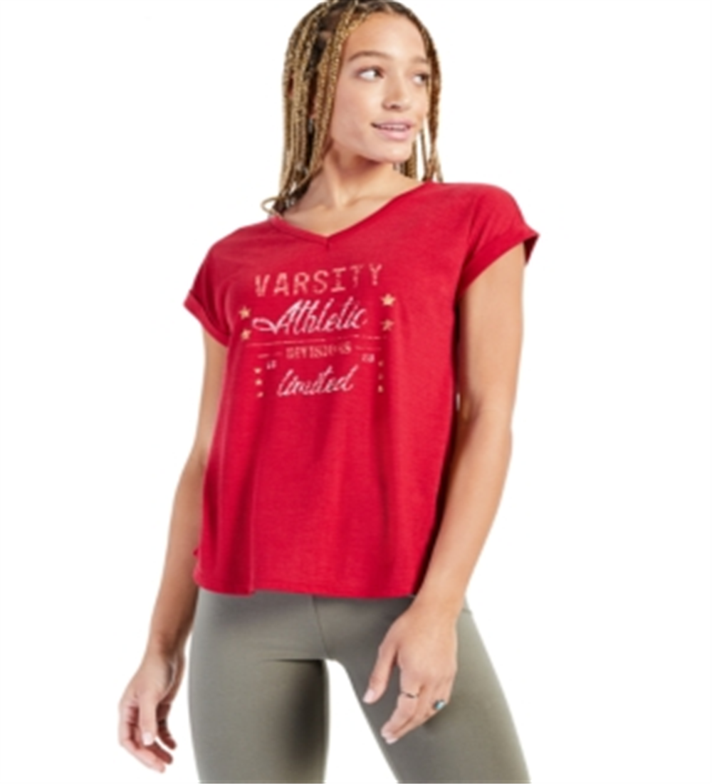 Style & Co Women's Graphic Print V-Neck T-Shirt Red Size Petite Large
