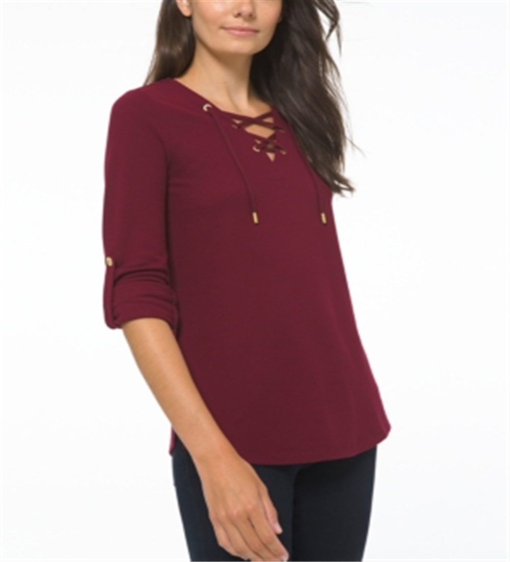 Michael Kors Women's Waffle Knit Lace up Front Top Red Size Large