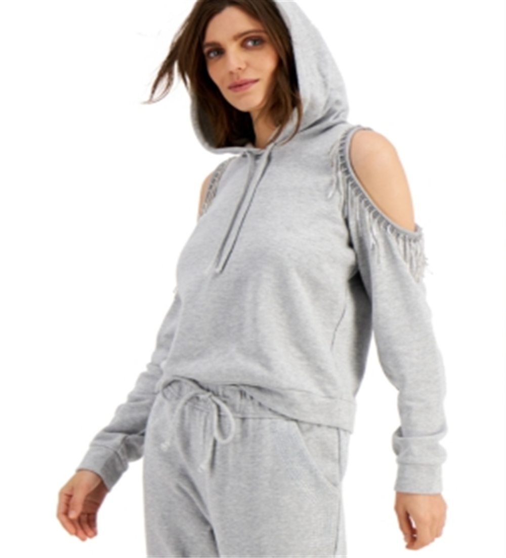 INC International Concepts Women's Cold Shoulder Fringe Hoodie Gray Size Small