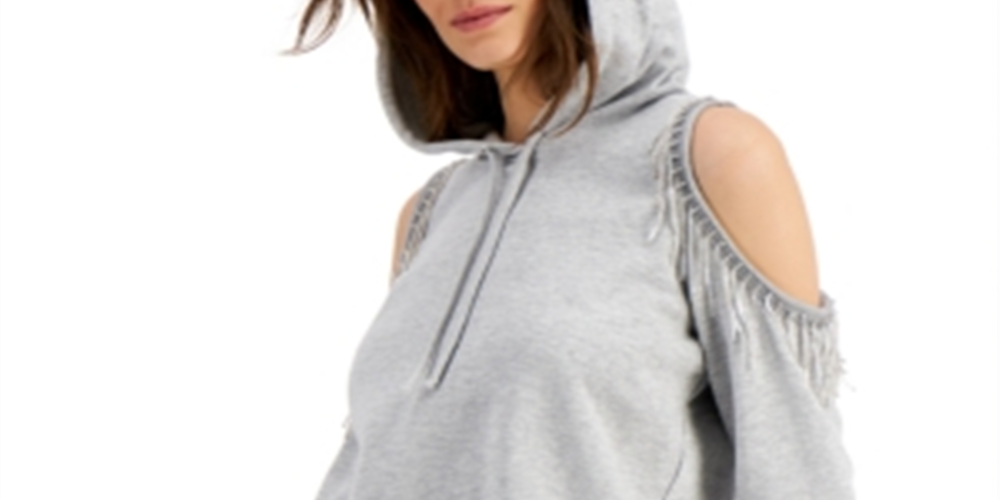 INC International Concepts Women's Cold Shoulder Fringe Hoodie Gray Size Small