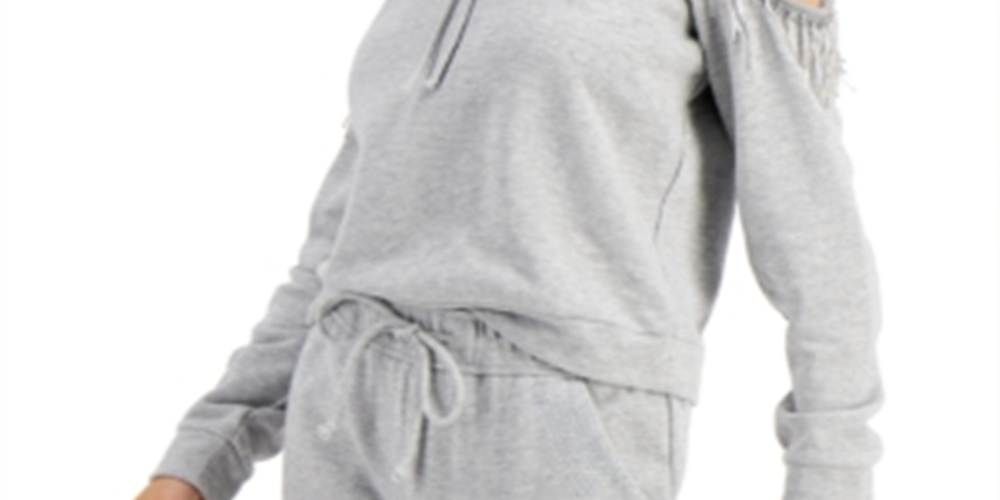 INC International Concepts Women's Cold Shoulder Fringe Hoodie Gray Size Small