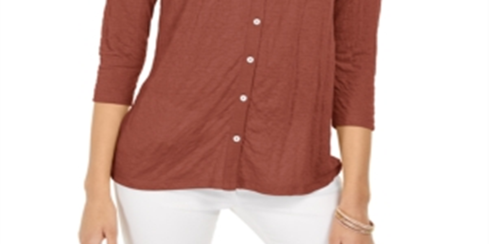Style & Co Women's Eyelet Button Front Top Brown Size X-Large