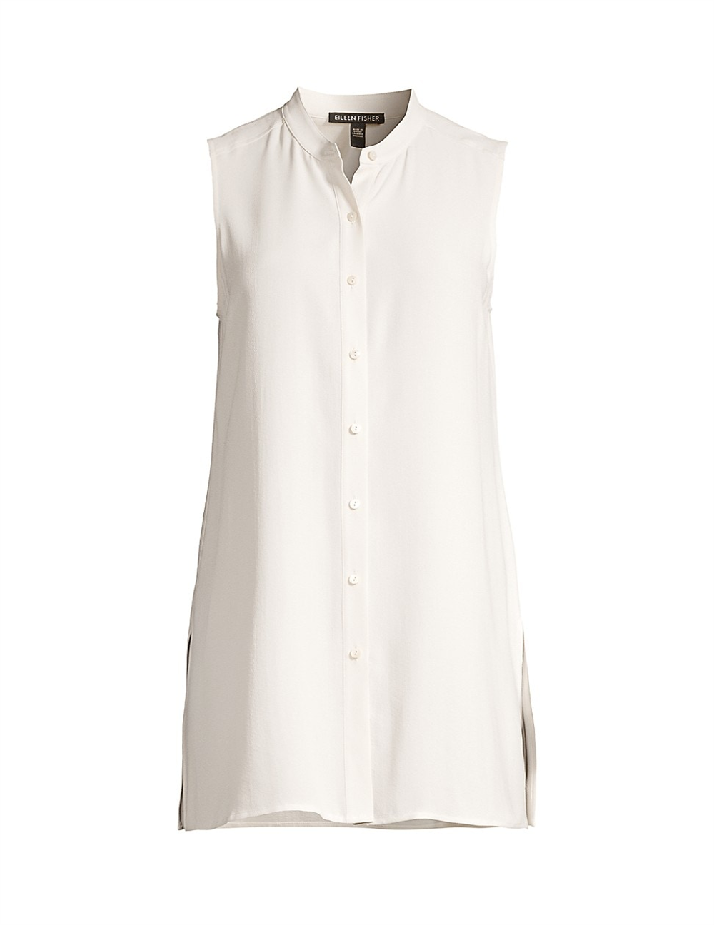 Eileen Fisher System Silk Mandarin-Collar Blouse Bone Brown Size S