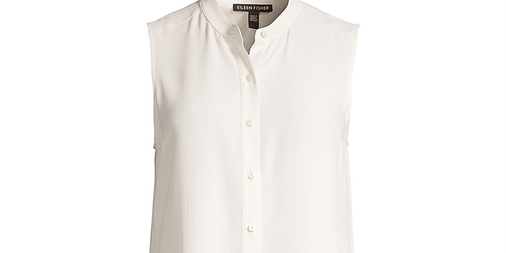 Eileen Fisher System Silk Mandarin-Collar Blouse Bone Brown Size S