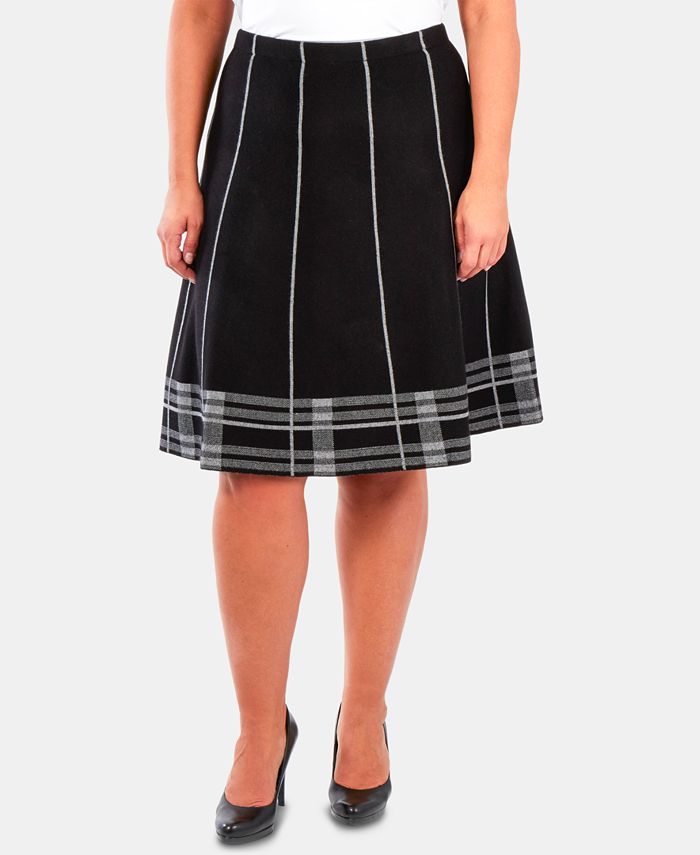 NY Collection Women's Plus MIDI Skirt Plaid Flared Gray Size 1X