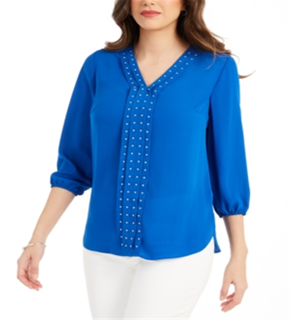 JM Collection Women's Solid Studded Pleated Blouse Blue Size Medium