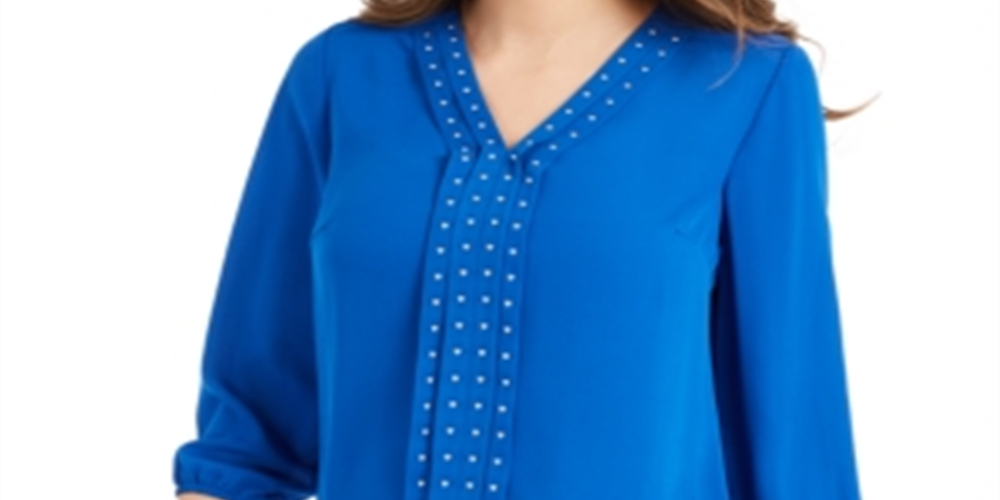 JM Collection Women's Solid Studded Pleated Blouse Blue Size Medium