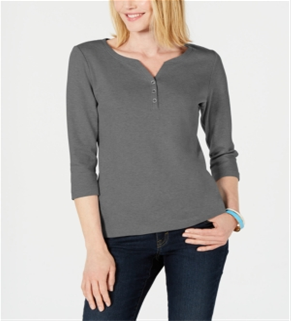 Karen Scott Women's Cotton Henley Shirt Gray Size Petite S