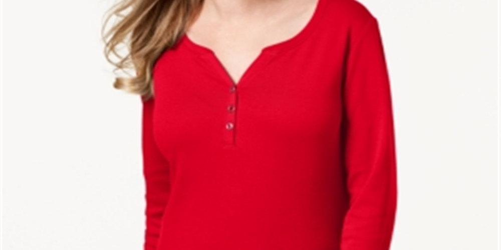 Karen Scott Women's Cotton Henley Neck Top Red Size Petite M