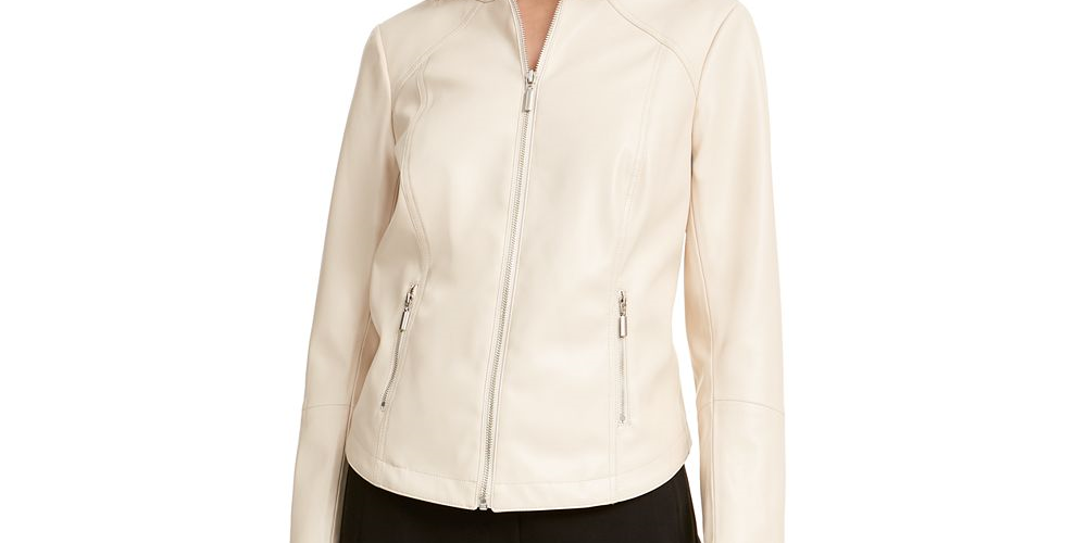 Alfani Women's Faux Leather Moto Jacket White Size L