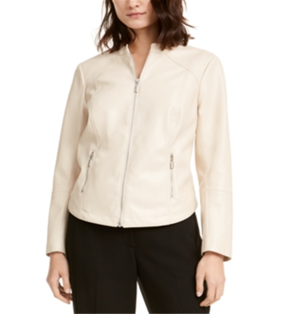 Alfani Women's Faux Leather Moto Jacket White Size L