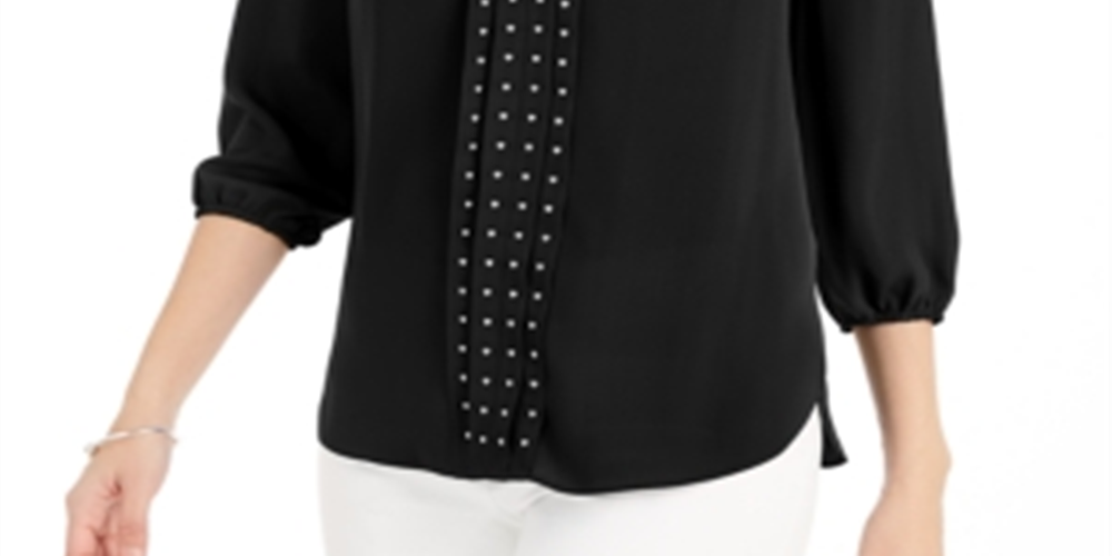 JM Collection Women's Solid Studded Pleated Blouse Black Size Medium