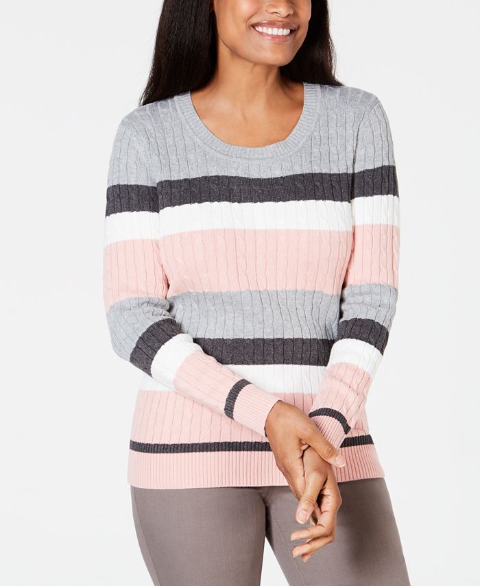 Karen Scott Women's Striped Cotton Cable Knit Sweater Gray Size Petite Medium