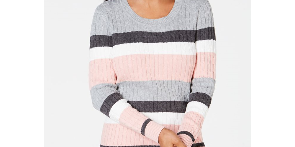Karen Scott Women's Striped Cotton Cable Knit Sweater Gray Size Petite Medium