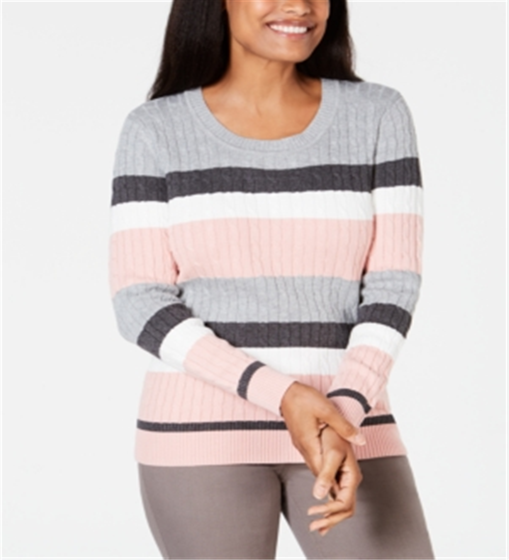 Karen Scott Women's Striped Cotton Cable Knit Sweater Gray Size Petite Medium