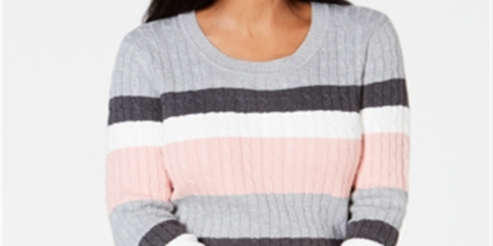 Karen Scott Women's Striped Cotton Cable Knit Sweater Gray Size Petite Medium