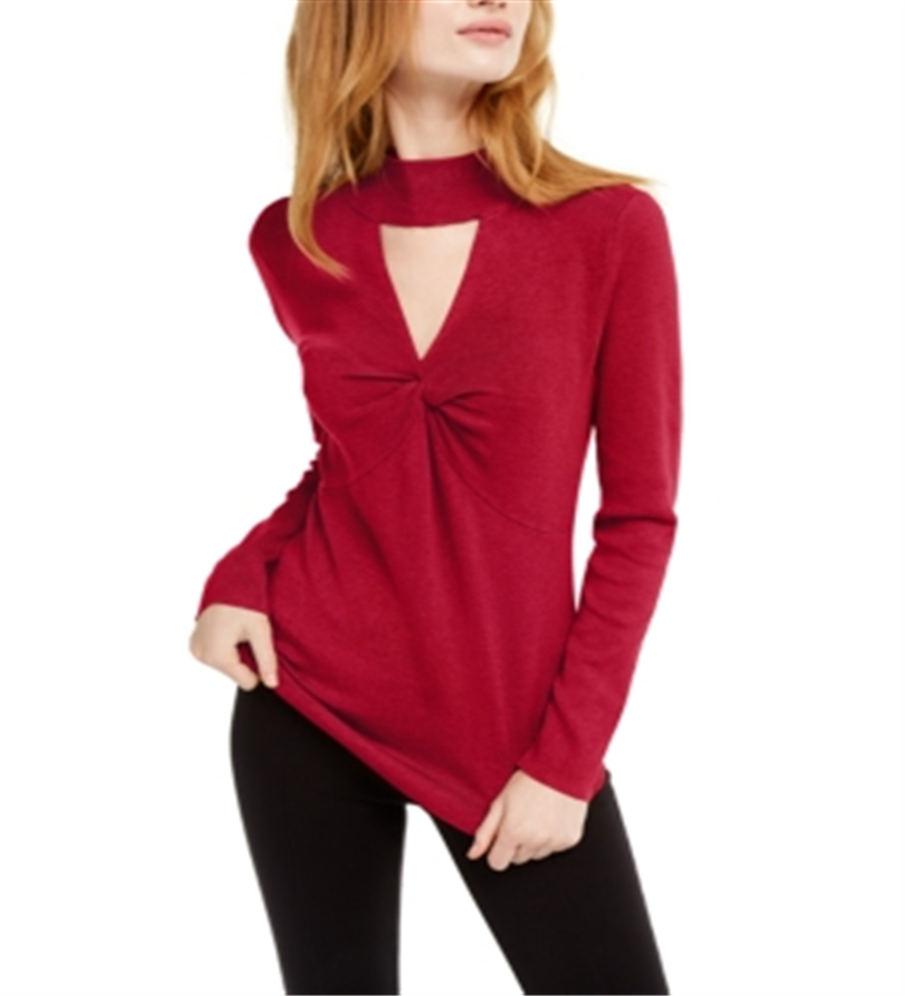 INC International Concepts Women's Cut Out Solid Long Sleeve Keyhole T-Shirt Top Red Size Small