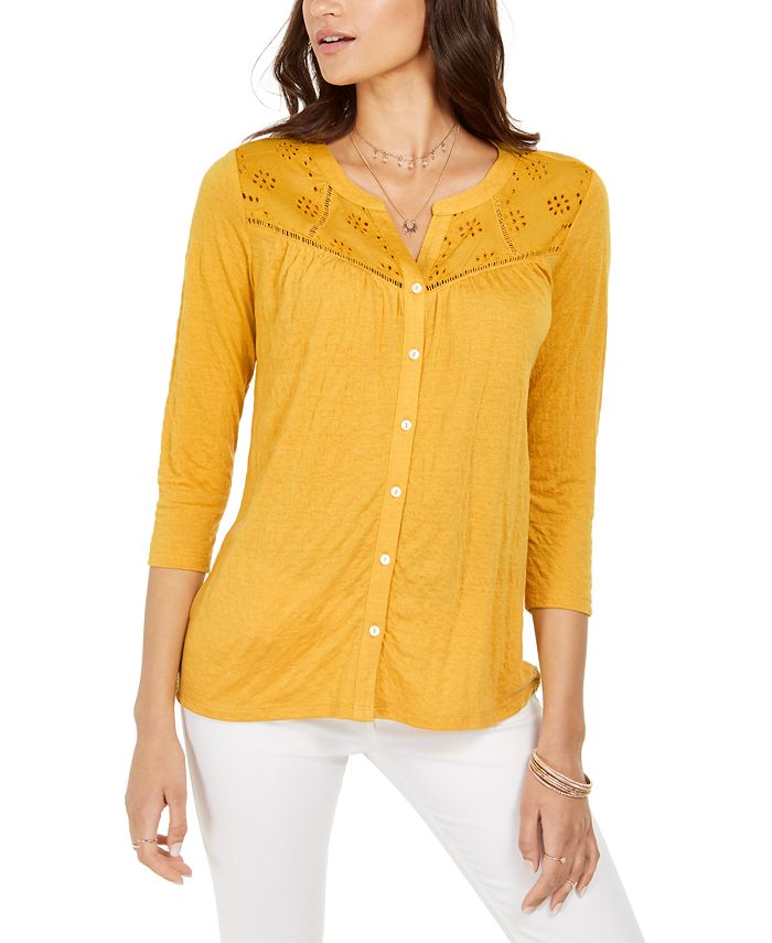 Style & Co Eyelet Button-Front Top Brown Size 2XL