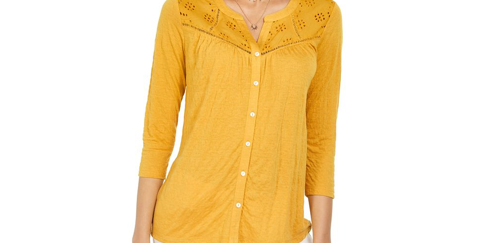 Style & Co Eyelet Button-Front Top Brown Size 2XL