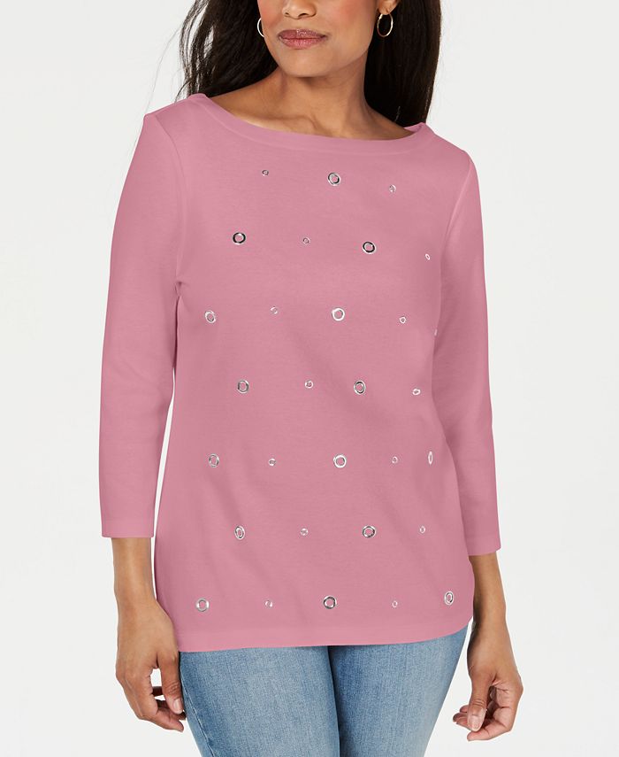 Karen Scott Women's Petite Grommet Cotton 3/4-Sleeve Top Pink Size PXS