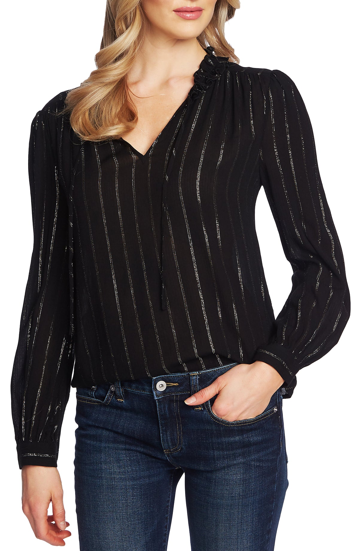 CeCe Women's  Striped Tie-Neck Top  Rich Black  Size Large