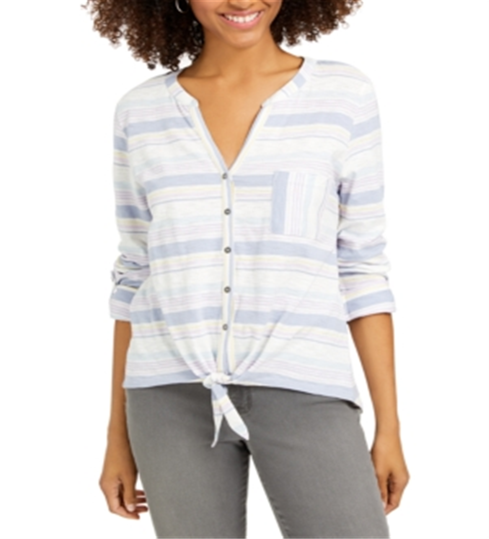 Style & Co Women's Cotton Striped Tie Front Shirt White Size Petite L