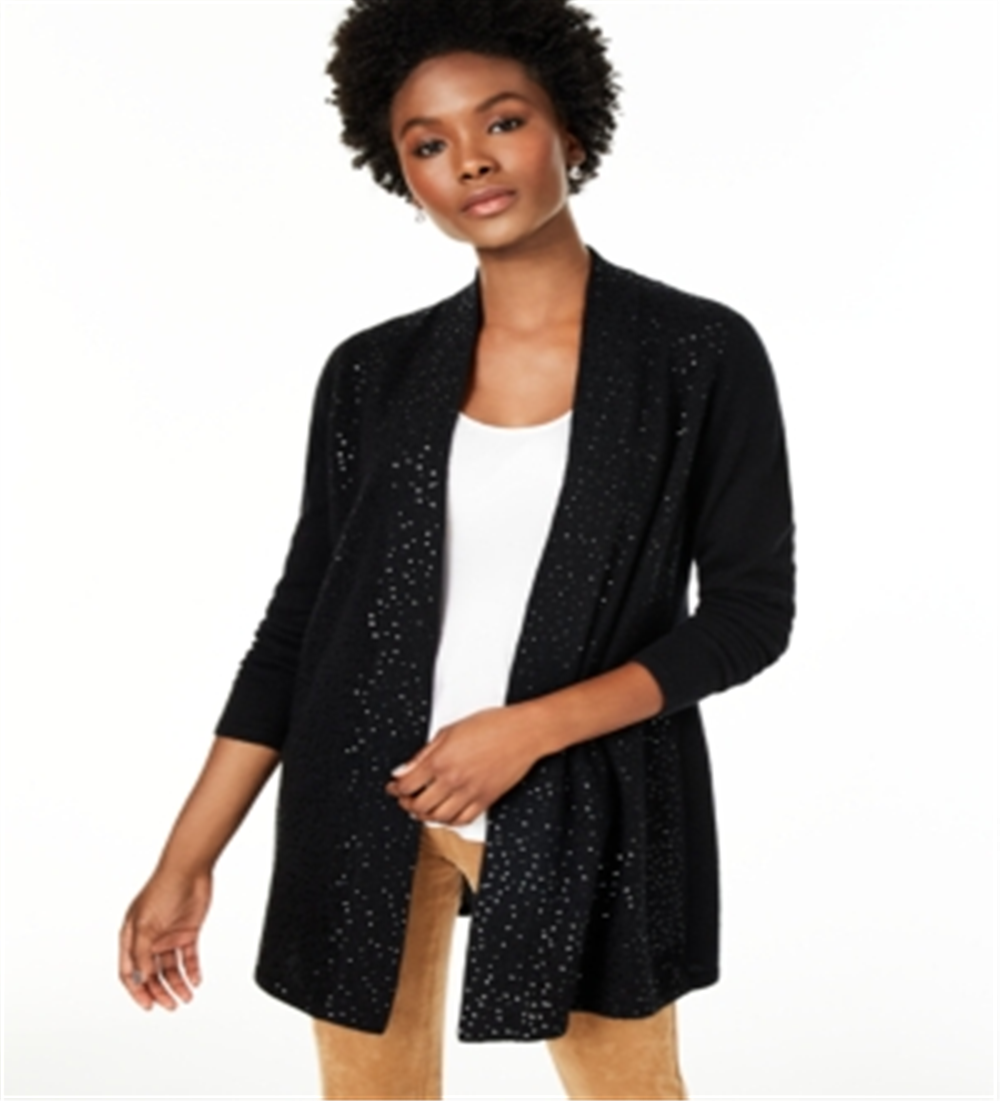 Charter Club Women's Cashmere Sequin Trim Completer Sweater Black Size Petite S