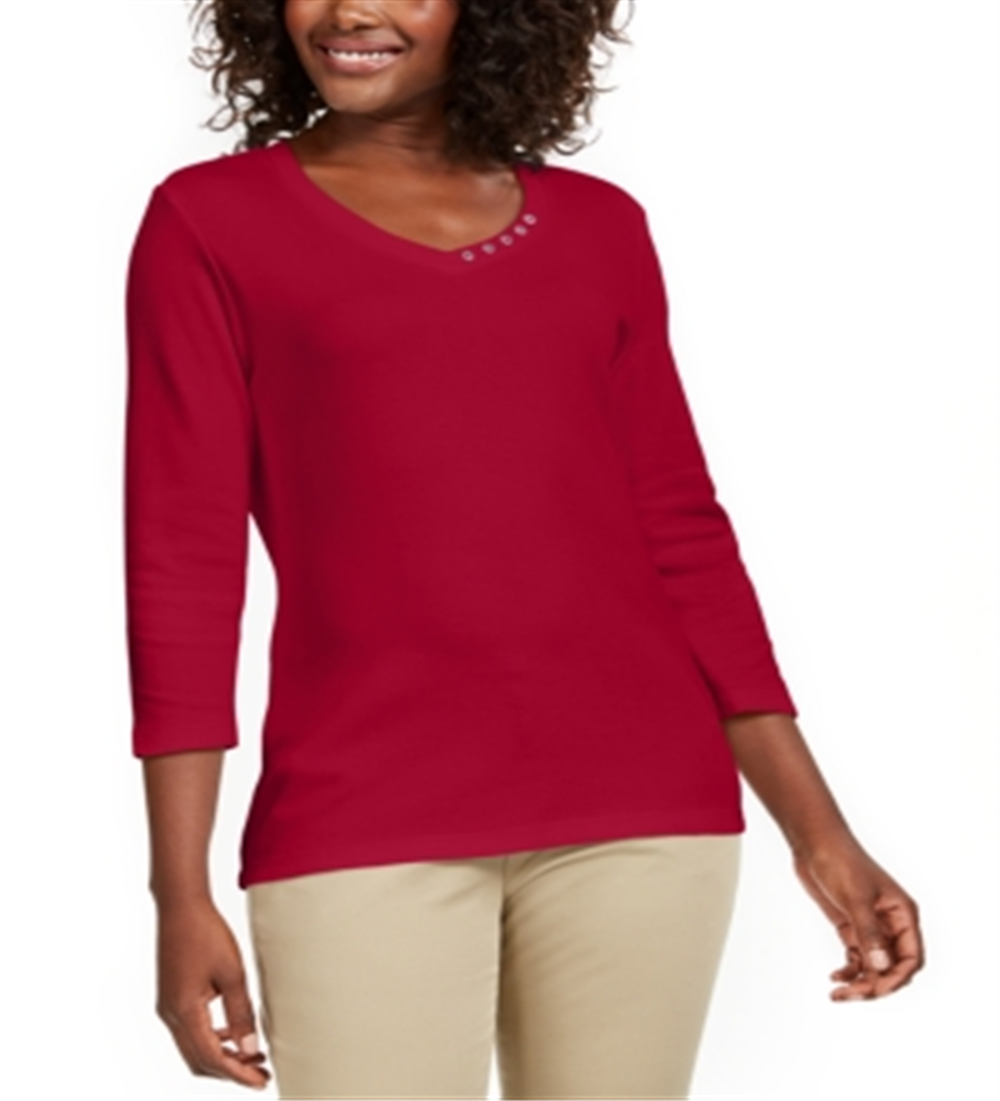 Karen Scott Women's Grommet Neck Cotton Top Red Size X-Small